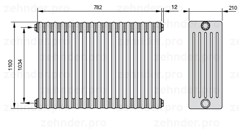 Схема (чертеж) Радиатор Zehnder Charleston 6110/17 №1270 Белый глянцевый RAL 9016